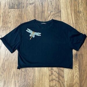 Zara dragonfly rhinestone embellished black crop tshirt size Size S